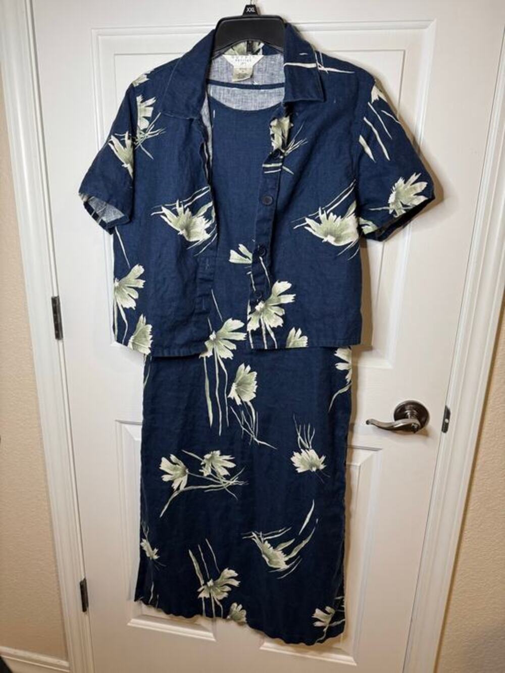 Outfit Petites JPR Vintage 2 Piece Maxi Dress 100% Linen Blue Tropical Size P